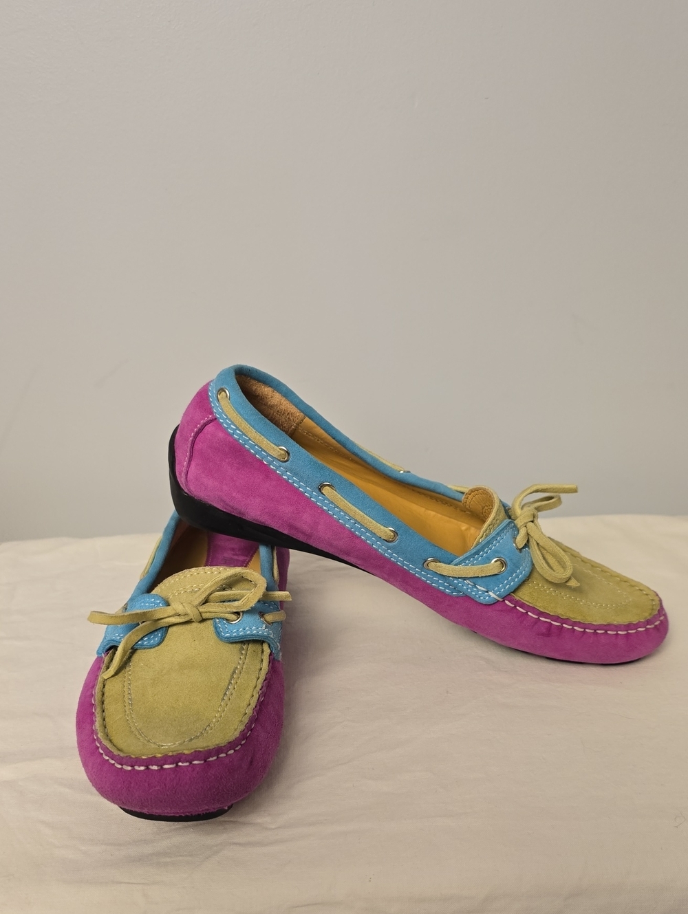 Vaneli Colorblock Suede Moccasins in Pink, Blue & Olive